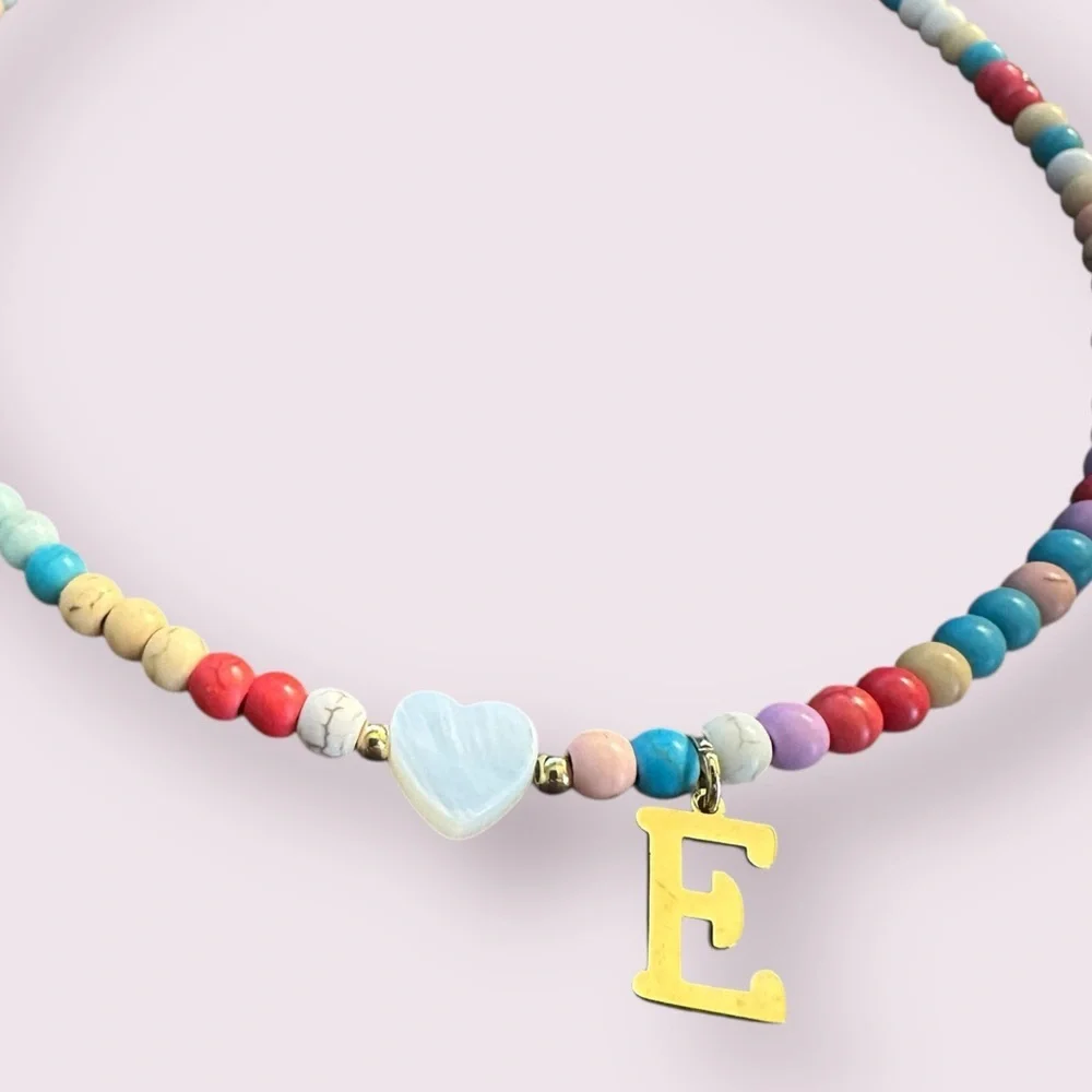 Colorful Beaded Kids Necklace with Heart and Initial E Charm